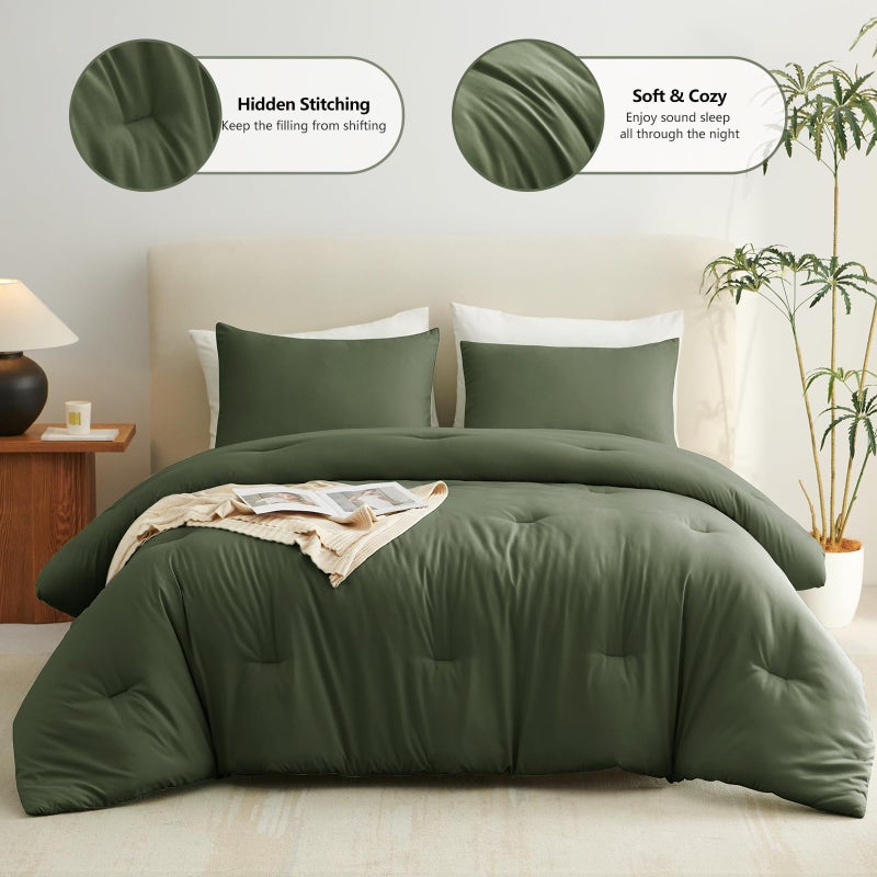 CozyLux طقم لحاف الملكة CozyLux باللون الأخضر الزيتوني الداكن مكون من 3 قطع طقم سرير مبطن سادة قابل للتنفس طقم سرير ناعم فاخر منفوش مع لحاف بديل من الأسفل طوال الموسم (لحاف واحد و2 كيس وسادة) - Image 2